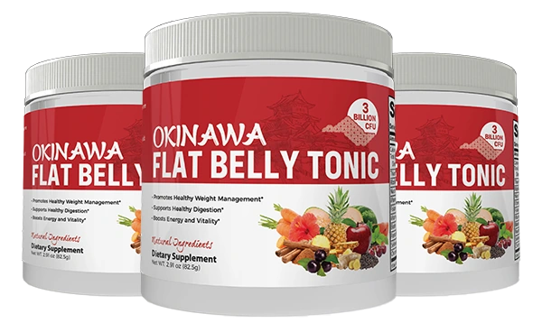 Three jars of Flat Belly Tonic Okinawa metabolism drink powder